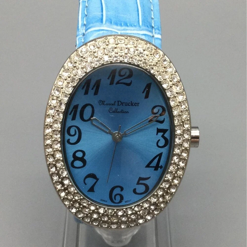 Manuel Drucker Womens Watch 33mm Blue Dial Crystals Leather 22-903 New Battery